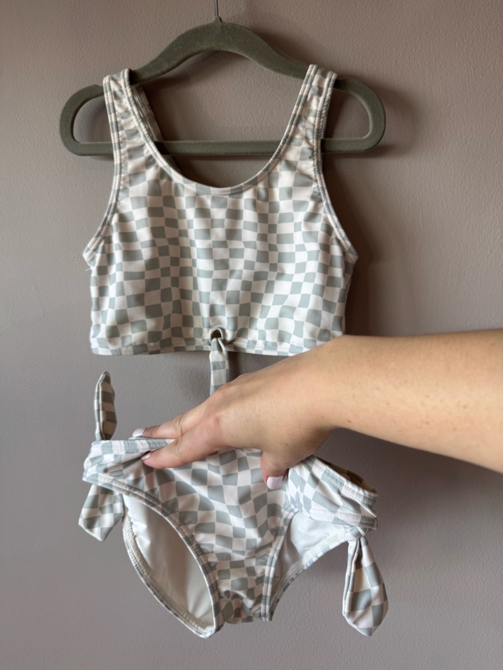 Riley + Cru Sage Checkered 2 Piece Knotted Bikini Bathing Suit Size 8-9 Years